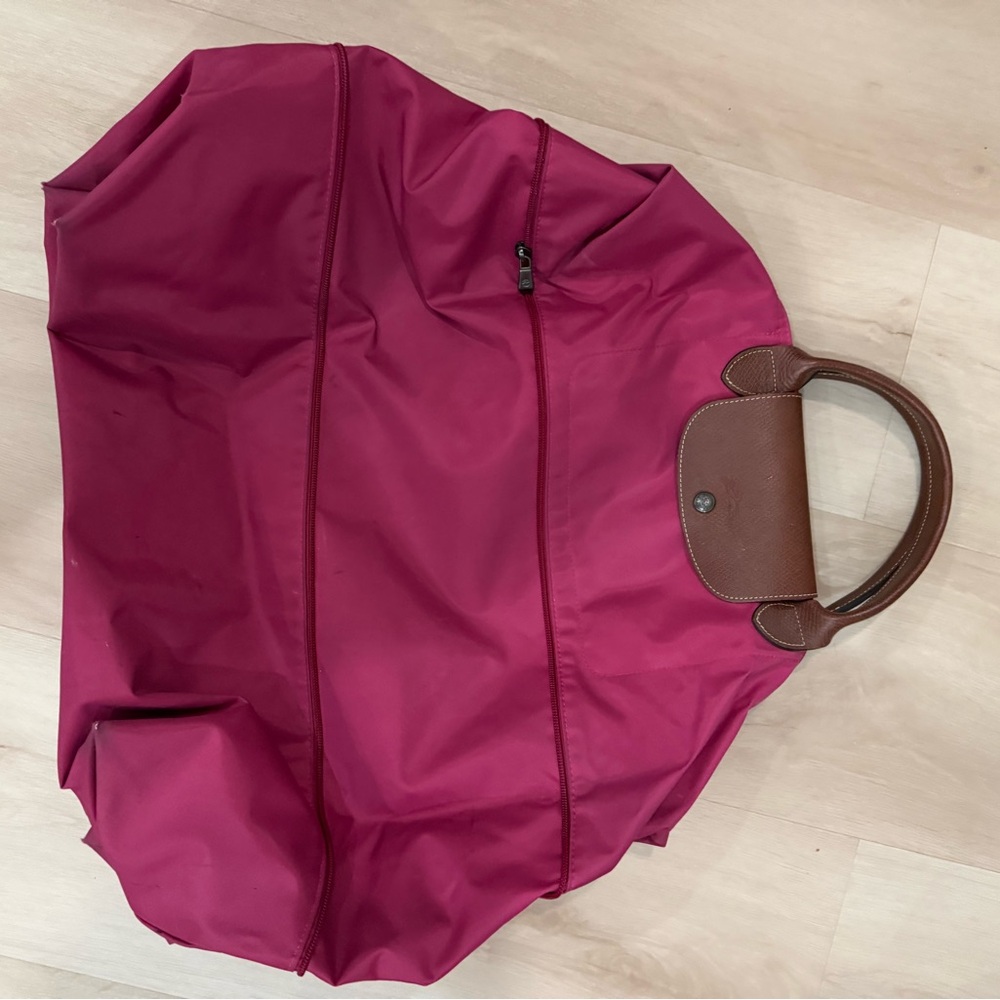 Longchamp Foldable Tote in Deep Berry with Brown Leather Trim